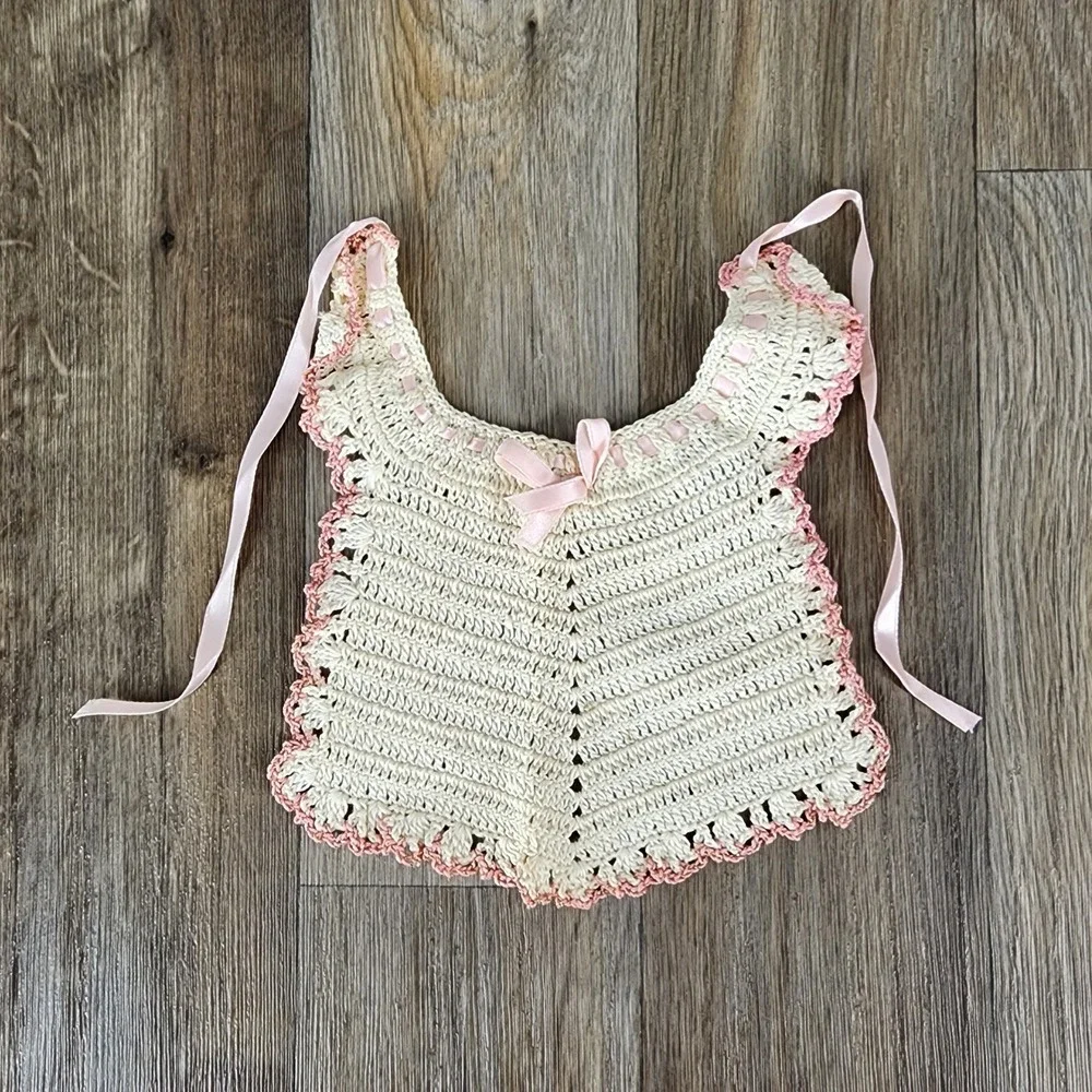 Vintage Handmade Crochet Baby Bib Pinafore Cream Pink Ribbon Scalloped Trim